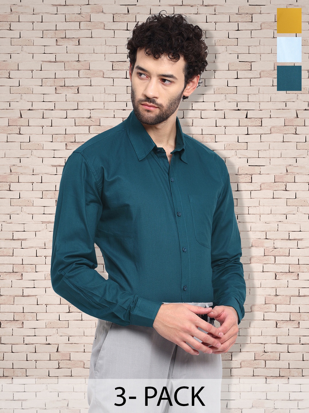 

7Threads 3 Pcs Spread Collar Cotton Opaque Formal Shirt, Green