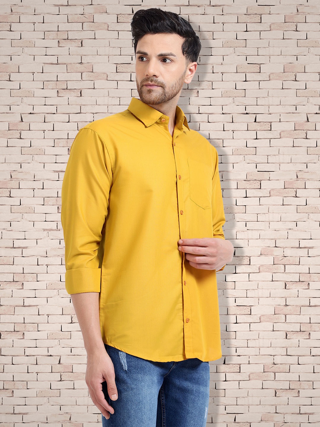 

7Threads 3 Pcs Spread Collar Cotton Opaque Formal Shirt, Yellow