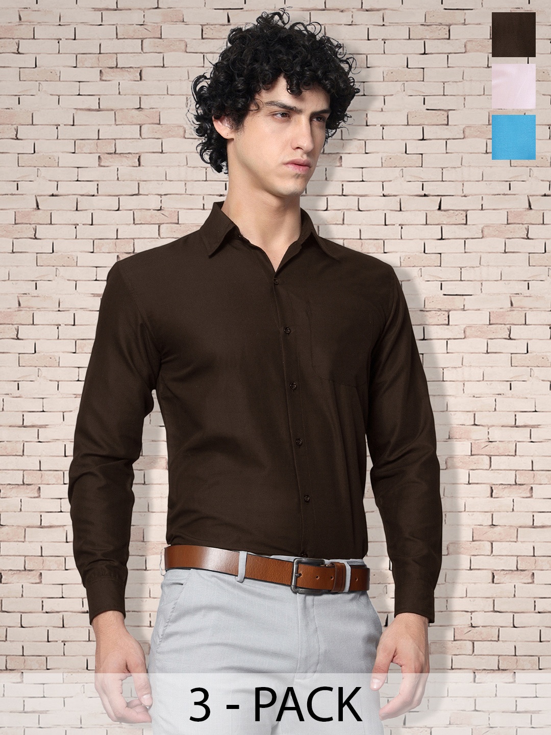 

7Threads 3 Pcs Spread Collar Cotton Opaque Formal Shirt, Brown