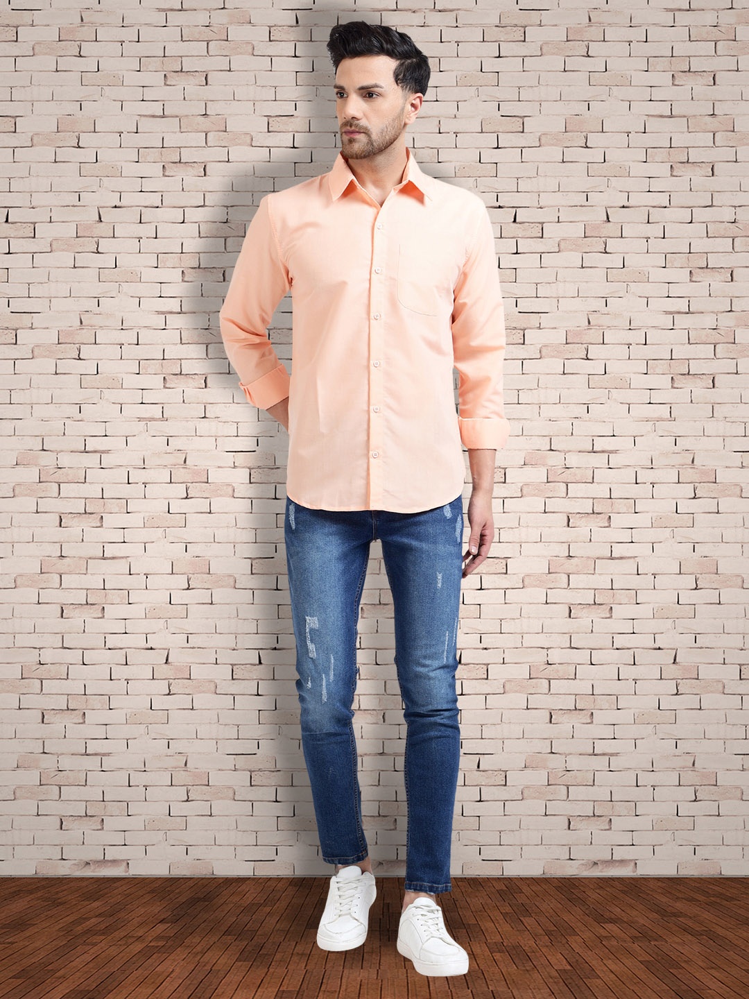 

7Threads 3 Pcs Spread Collar Cotton Opaque Formal Shirt, Orange