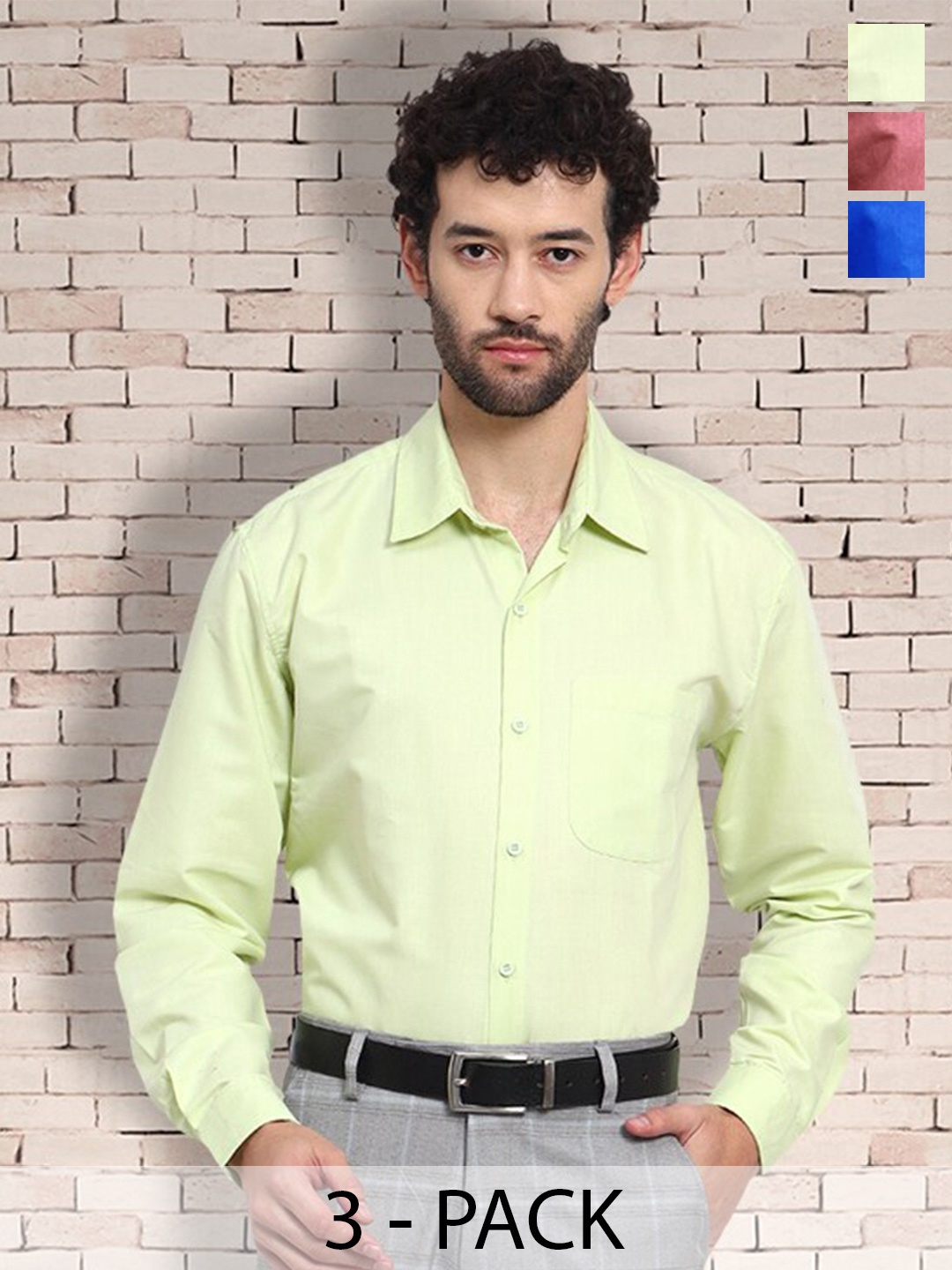 

7Threads Standard Pack Of 3 Cotton Casual Shirts, Green