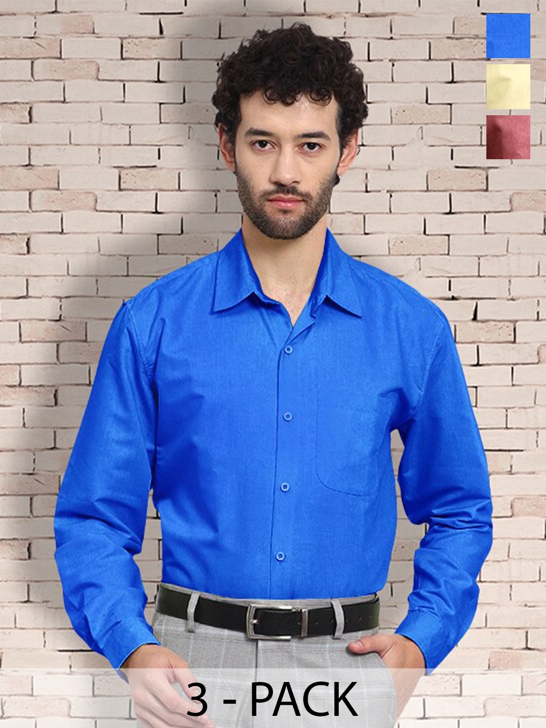 

7Threads Standard Pack Of 3 Cotton Casual Shirts, Blue