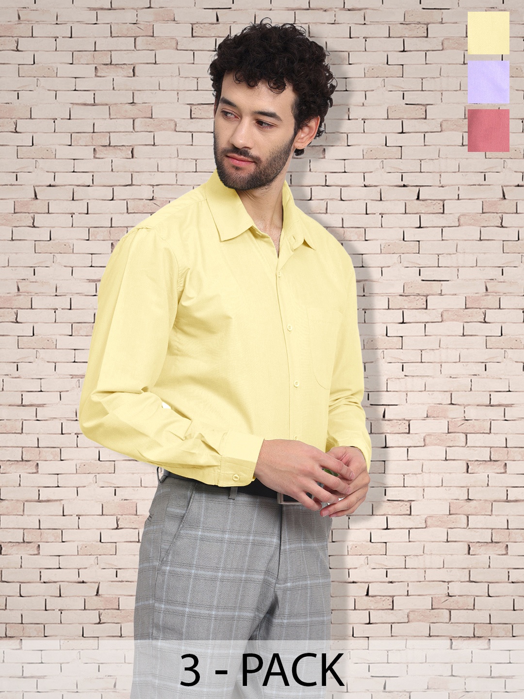 

7Threads 3 Pcs Spread Collar Cotton Opaque Formal Shirt, Yellow