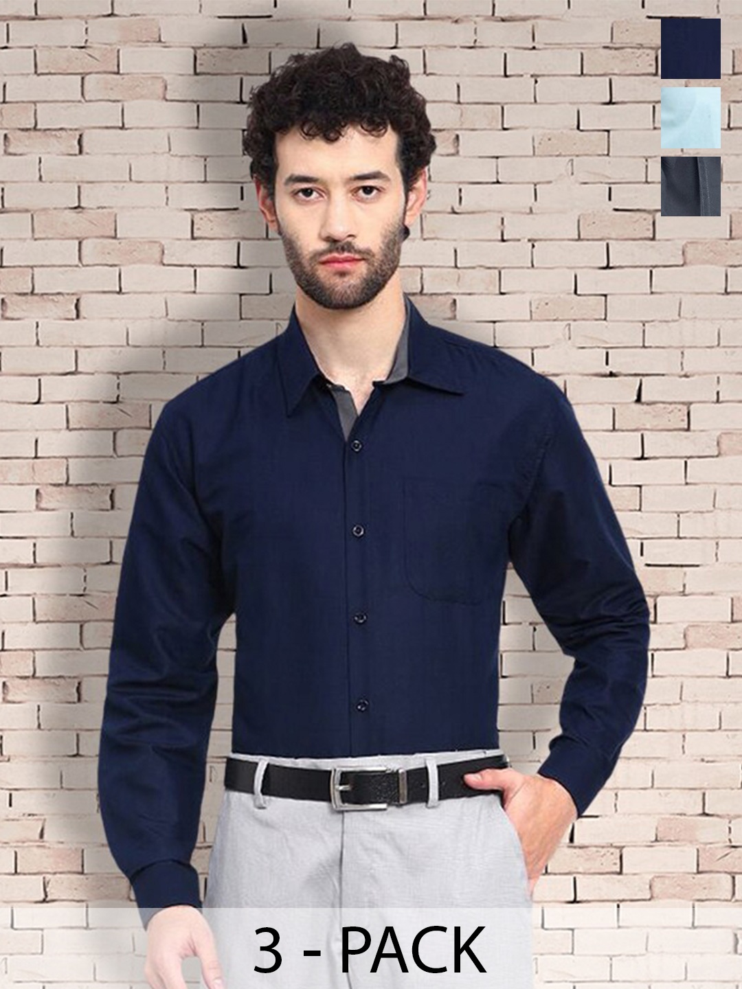 

7Threads Standard Pack Of 3 Cotton Casual Shirts, Blue
