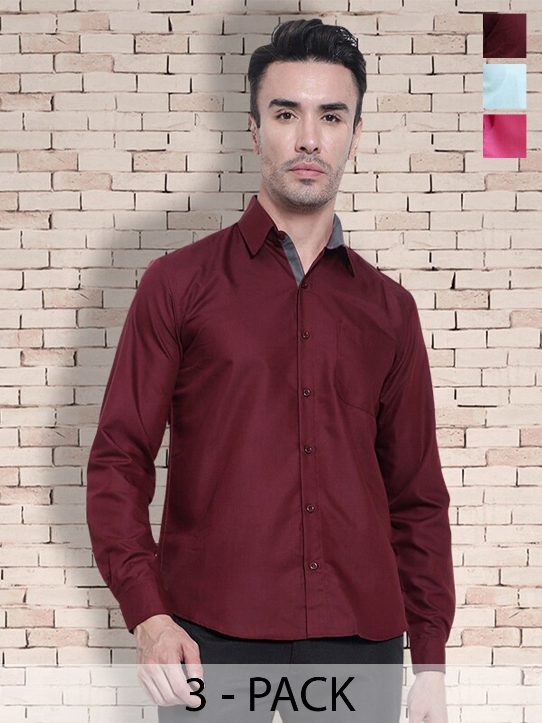

7Threads Pack Of 3 Standard Fit Long Sleeve Casual Shirt, Maroon