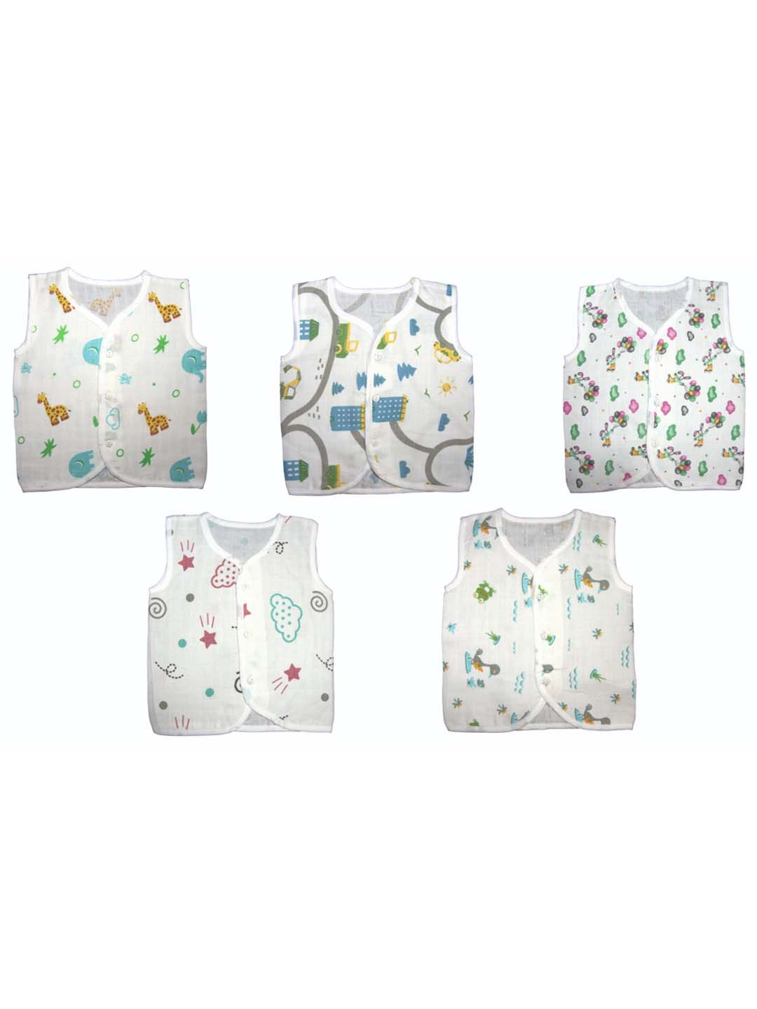 

PINKBUNNY Infants Pack Of 5 Printed Organic Cotton Jhabla Vests, White