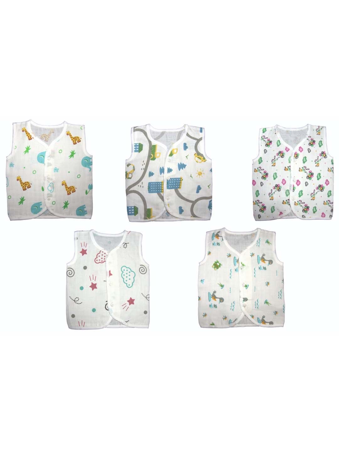 

PINKBUNNY Infants Pack Of 5 Printed Pure Cotton Jhabla Vests, White