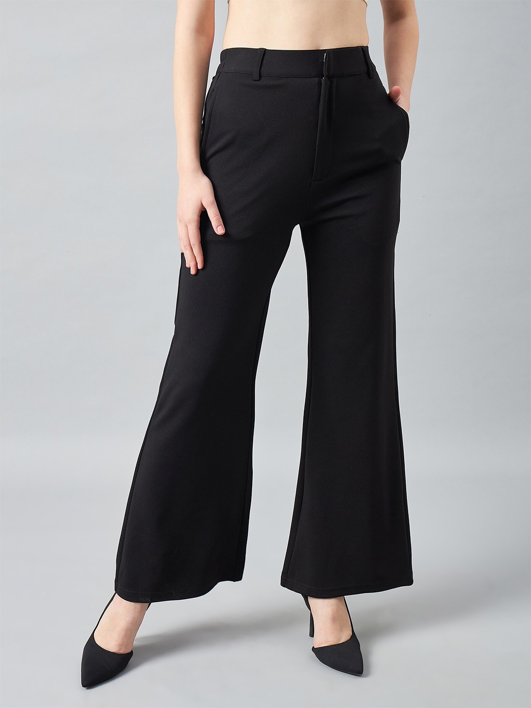 

DELAN Women Relaxed High-Rise Easy Wash Bootcut Trousers, Black