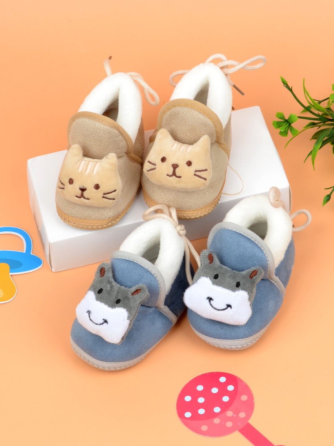 

FOOTPRINTS Infants Pack Of 2 Printed Cotton Booties, Beige