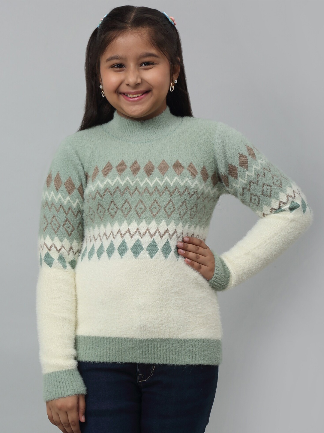 

Cantabil Girls Geometric Printed Mock Collar Long Sleeves Acrylic Pullover Sweater, Off white