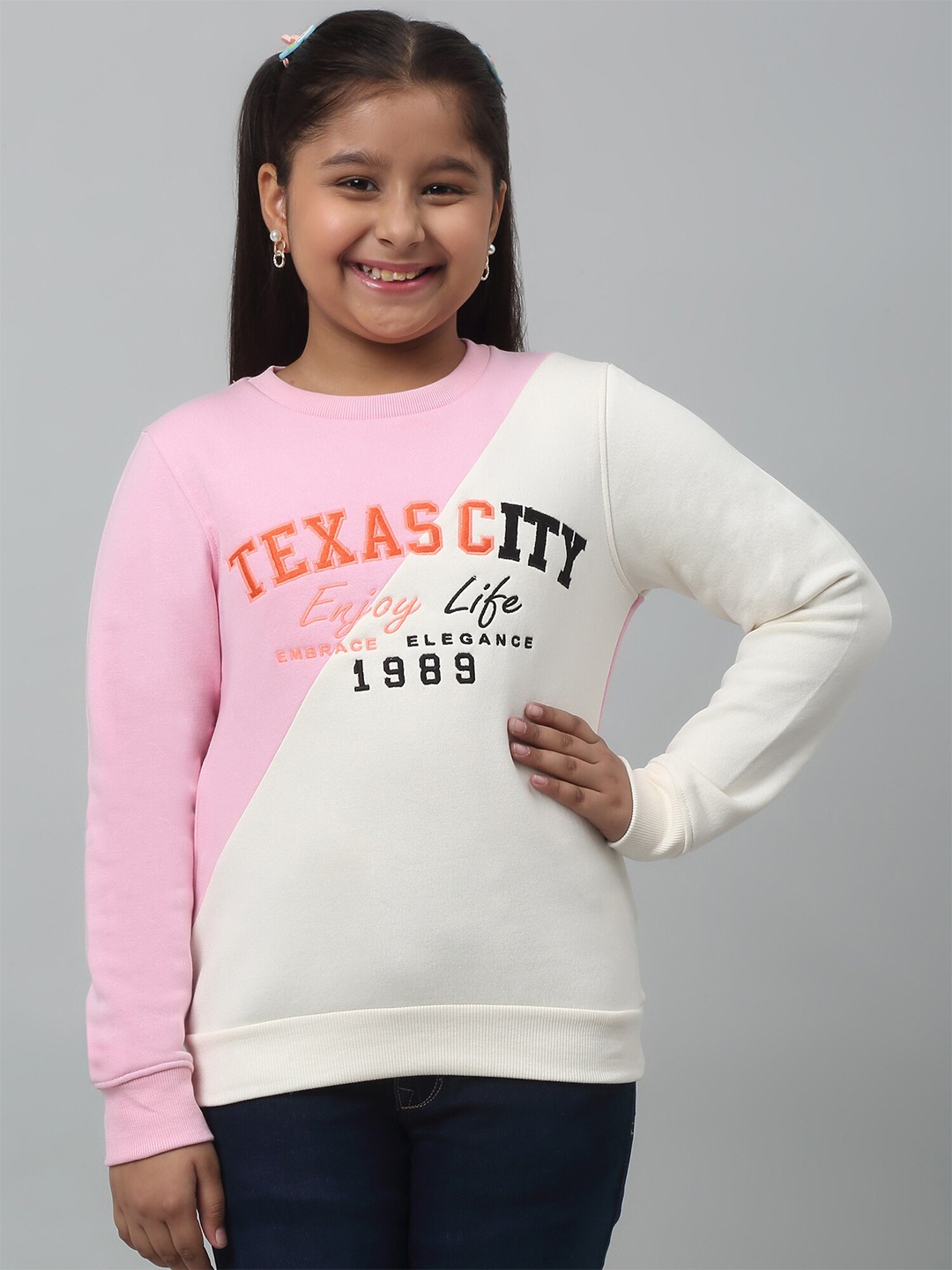 

Cantabil Girls Typography Printed Fleece Pullover, Off white