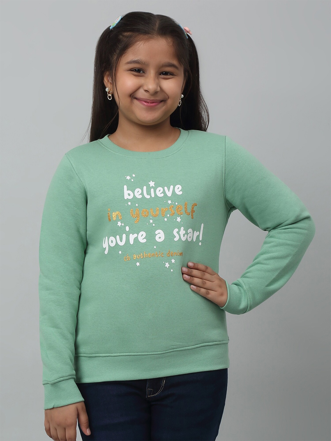 

Cantabil Girls Typography Printed Fleece Pullover, Green