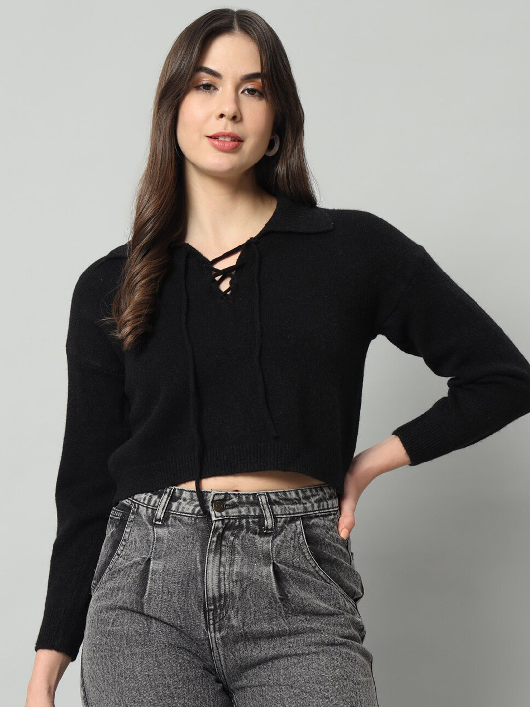 

Chemistry Tie Up Neck Wool Crop Pullover Sweater, Black