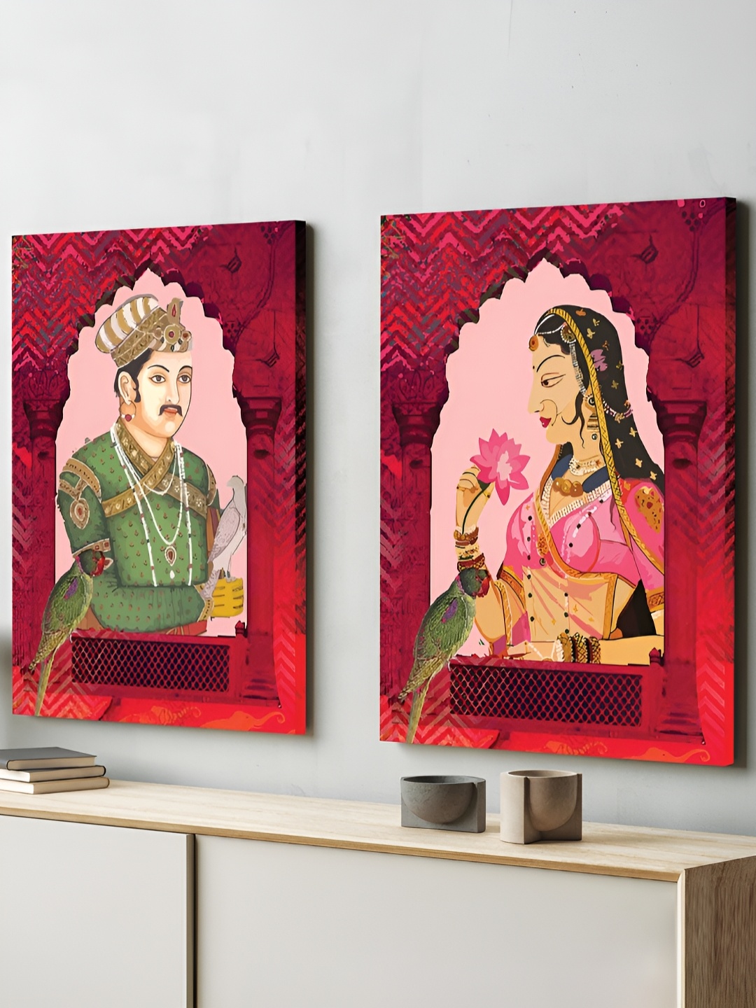 

Art Street Red & Pink 2 Pieces Shah Jahan Mumtaz Miniature Wall Paintings