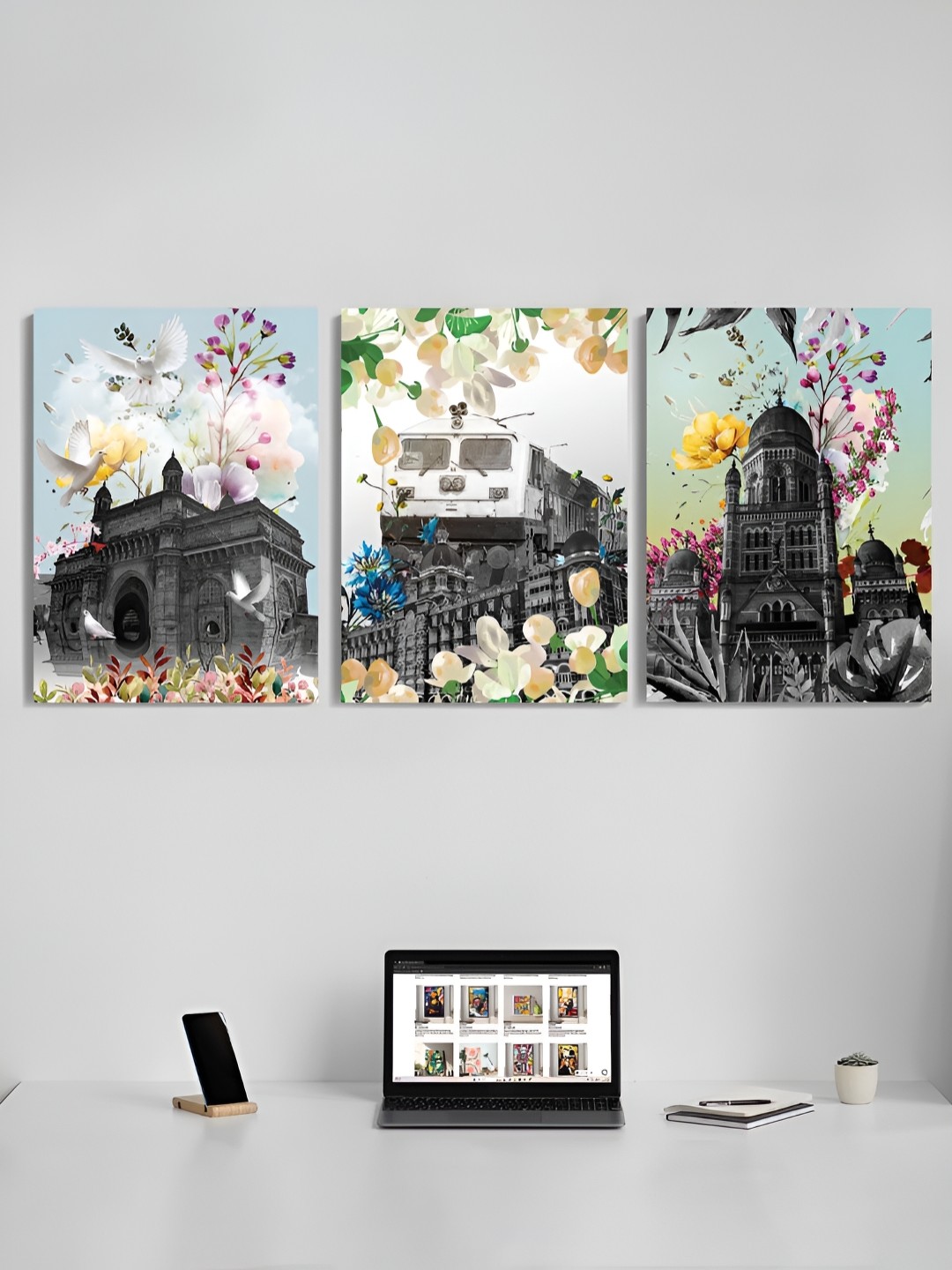 

Art Street Green & White 3 Pieces Ancient Building Wall Paintings
