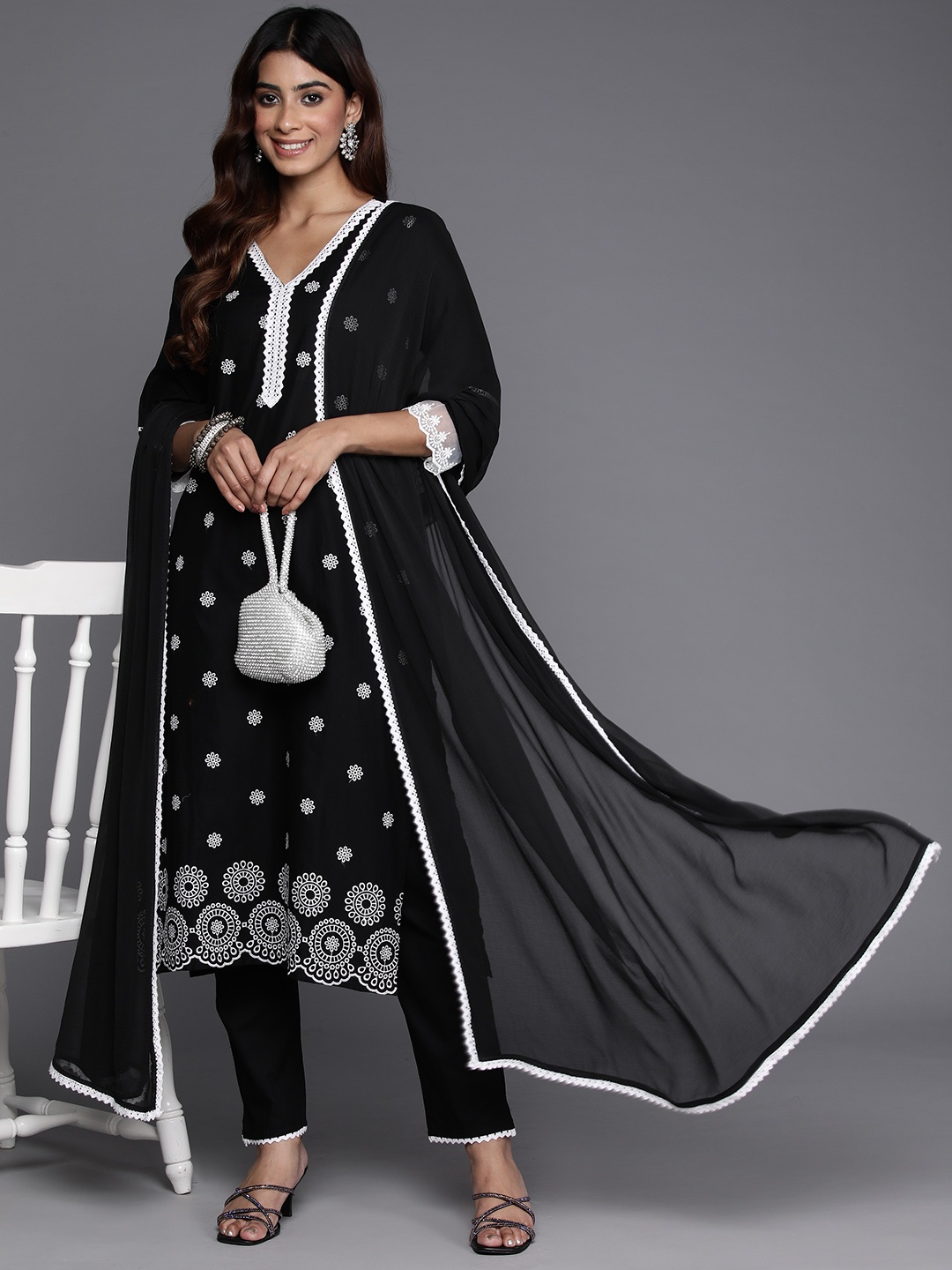 

Varanga Floral Embroidered Thread Work Pure Cotton Kurta with Trousers & Dupatta, Black