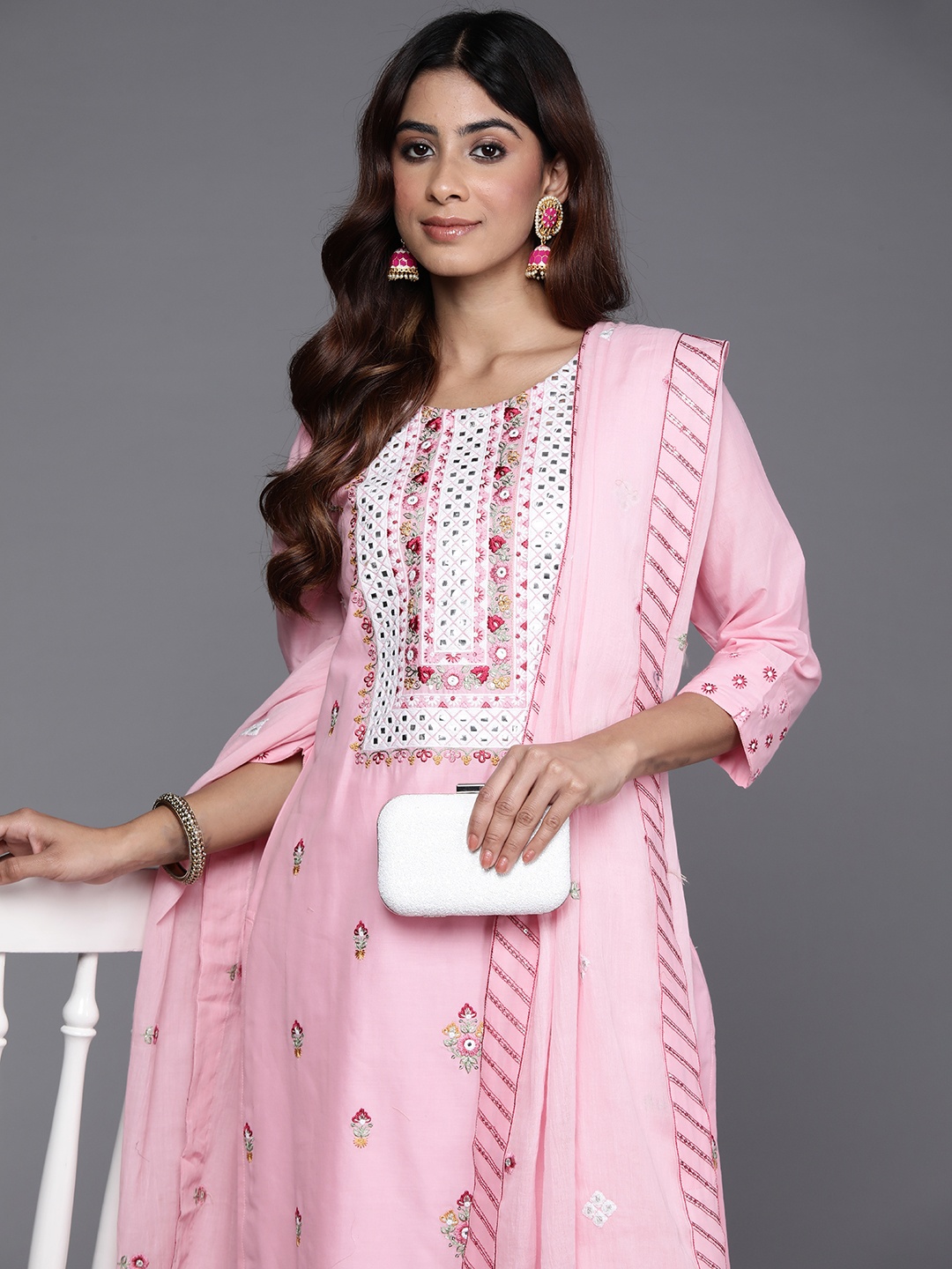 

Varanga Floral Embroidered Thread Work Pure Cotton Kurta with Trousers & Dupatta, Pink