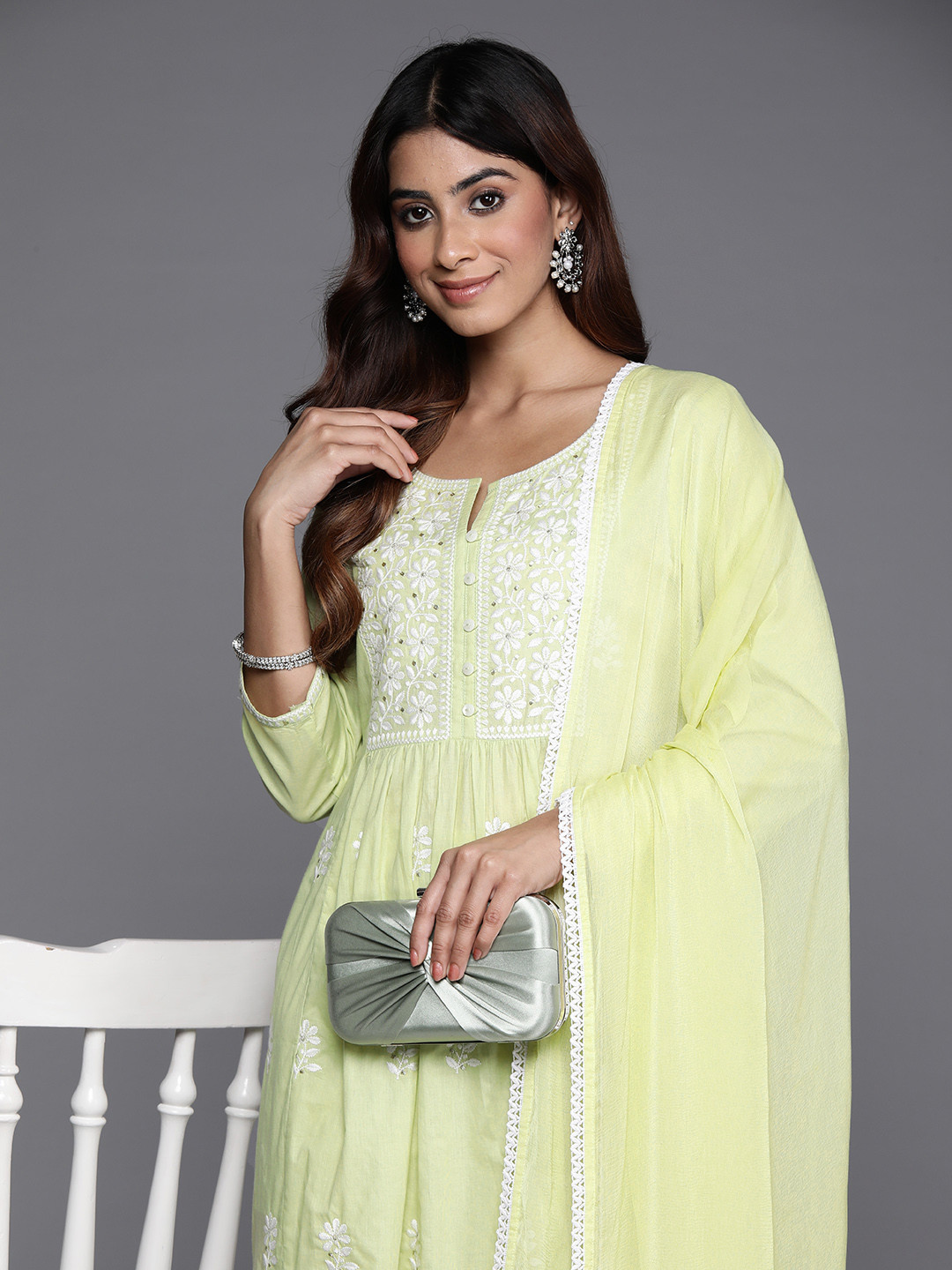 

Varanga Floral Embroidered Thread Work Pure Cotton Kurta With Trousers & Dupatta, Lime green