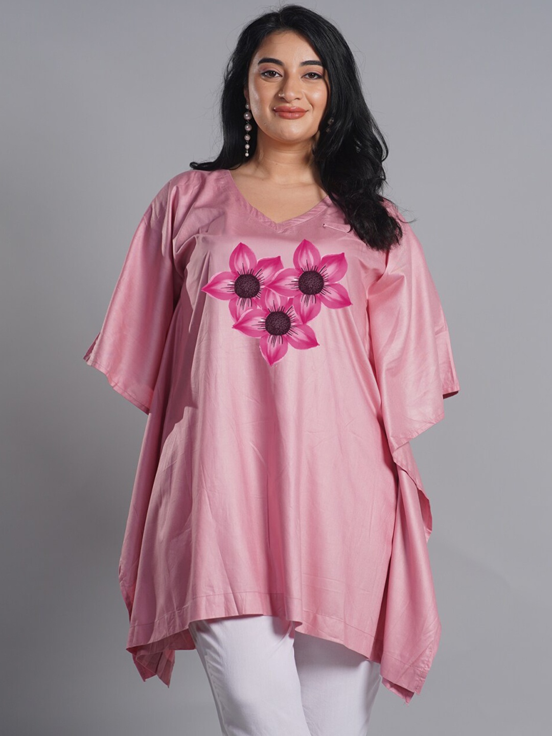 

LetsDressUp Floral Printed V-Neck Kaftan Straight Kurti, Rose