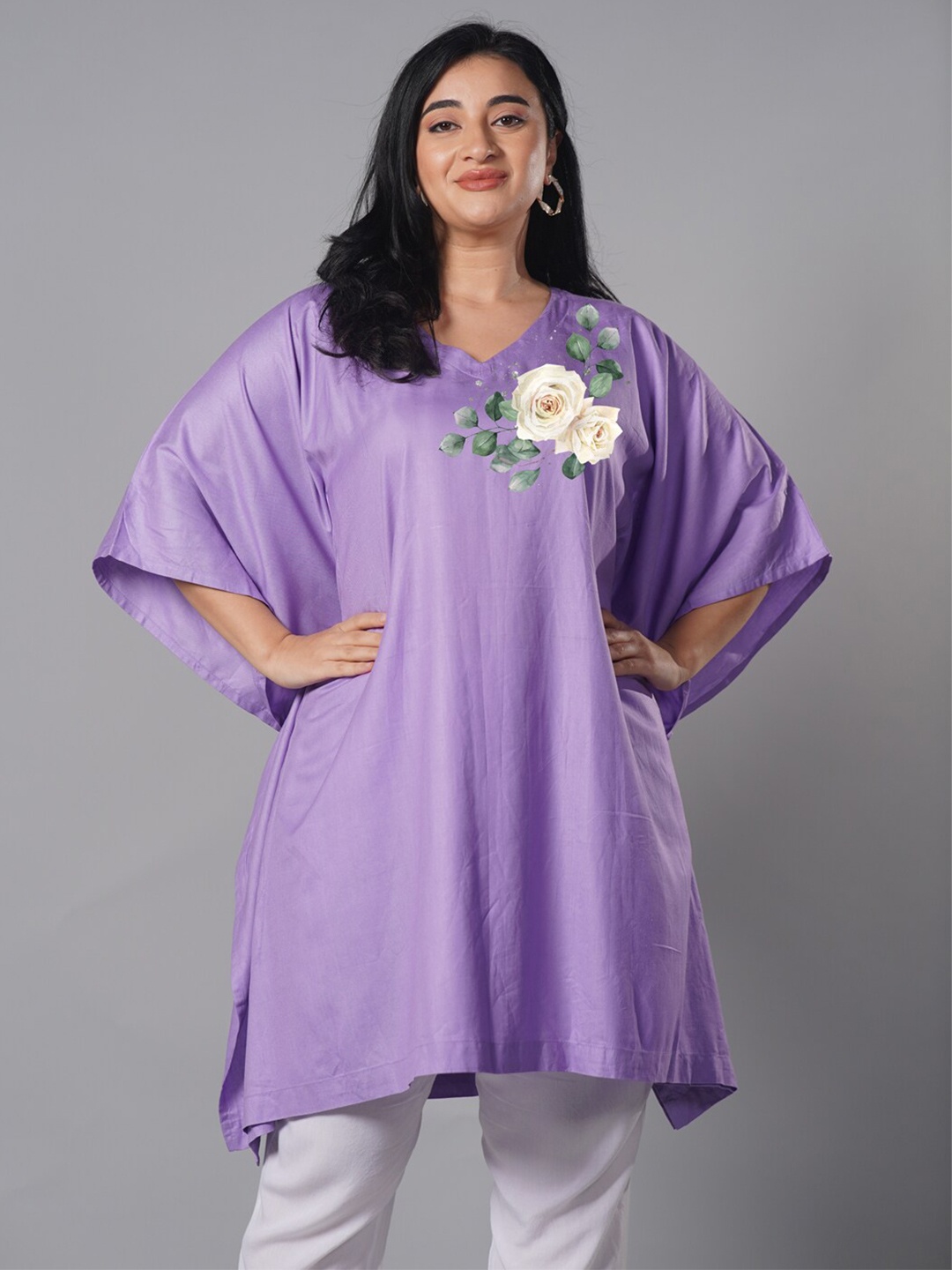 

LetsDressUp Plus Size Floral Printed V-Neck Kaftan Kurti, Lavender