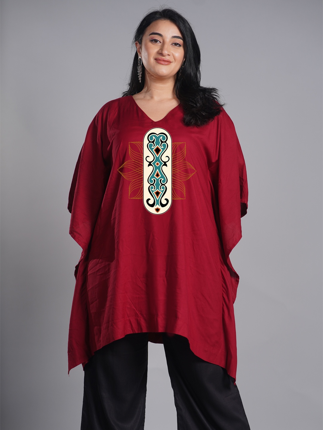

LetsDressUp Ethnic Motifs Printed V-Neck Kaftan Kurti, Maroon