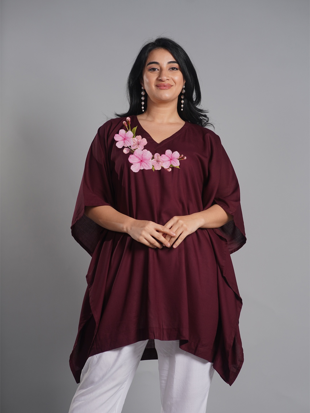 

LetsDressUp Floral Printed V-Neck Flared Sleeves Kaftan Kurti, Burgundy