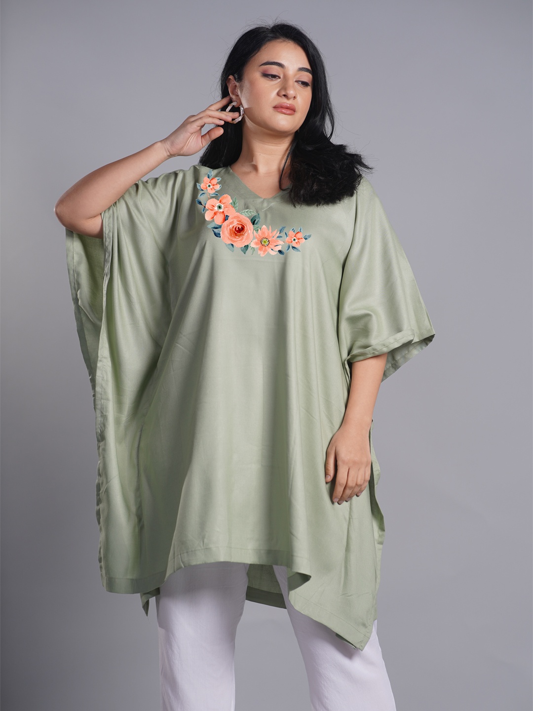 

LetsDressUp Floral Printed V-Neck Kaftan Kurti, Olive