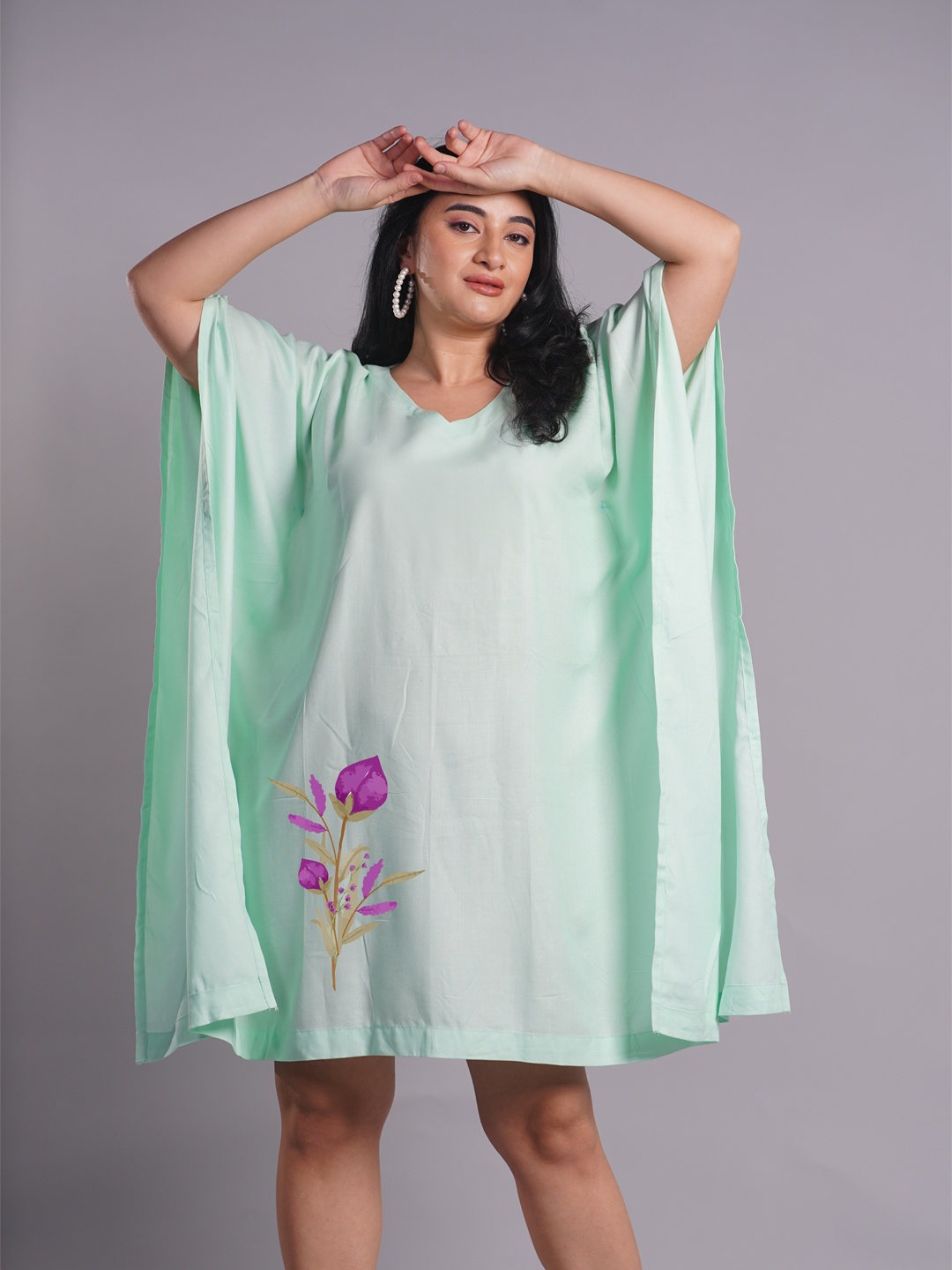 

LetsDressUp Plus Size Floral Printed V-Neck Flared Sleeves Kaftan Dress, Lime green