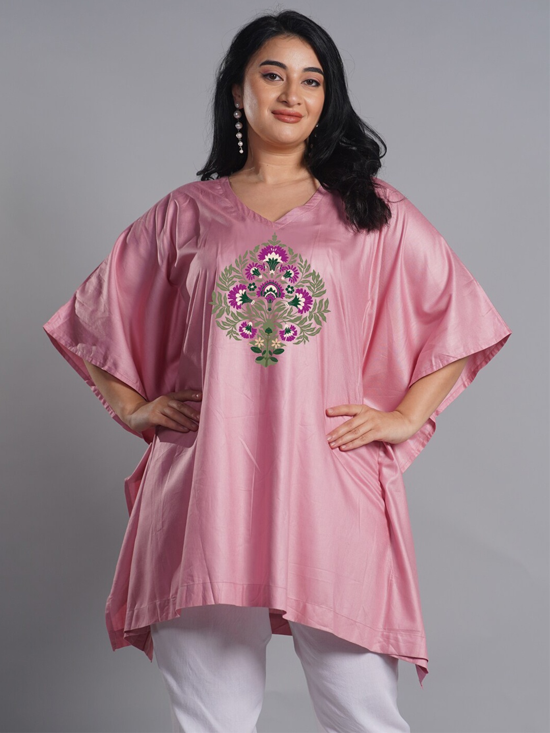 

LetsDressUp Plus Size Ethnic Motifs Printed V-Neck Kaftan Kurti, Rose