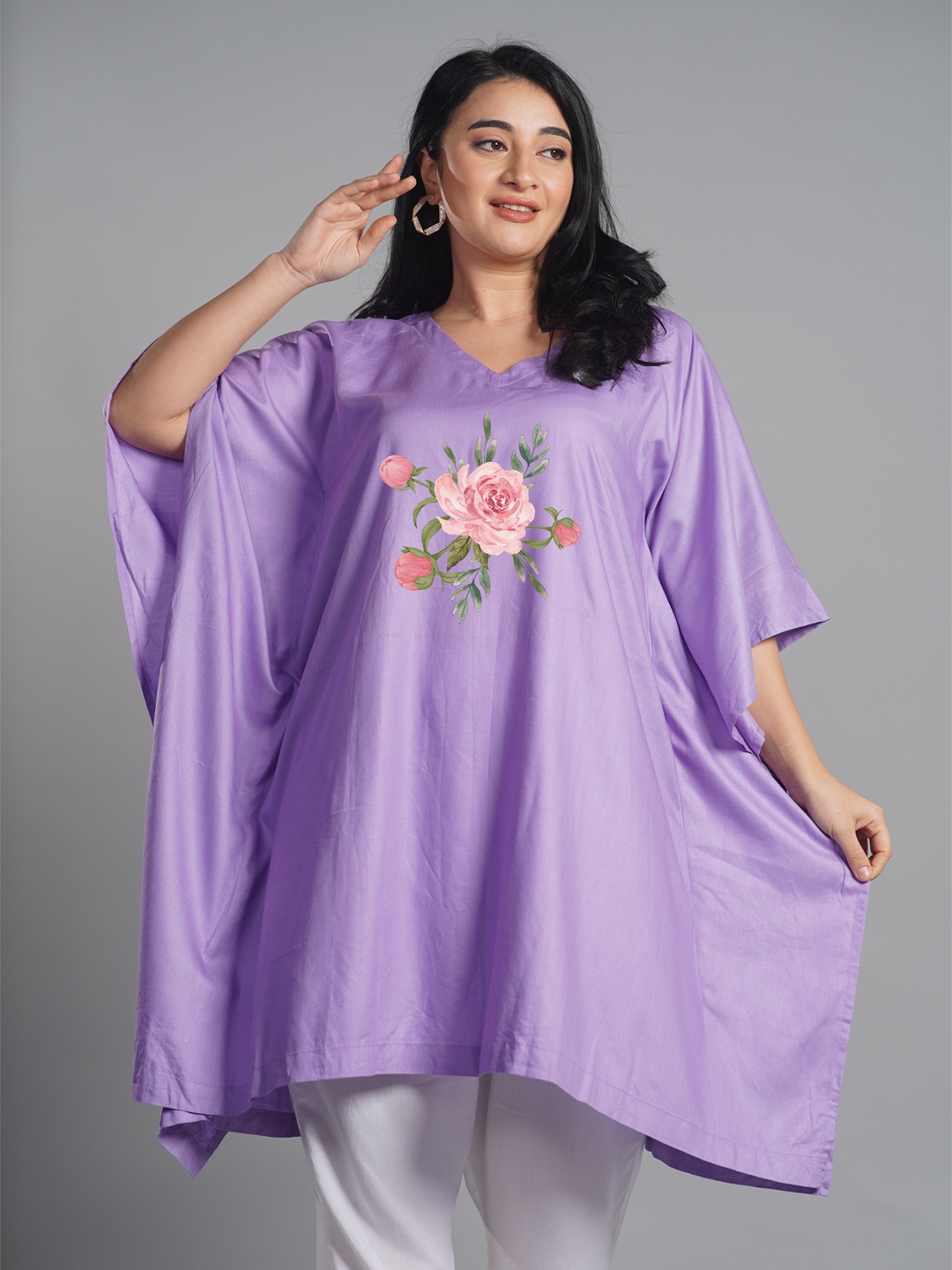 

LetsDressUp Floral Printed V-Neck Flared Sleeves Kaftan Kurti, Lavender