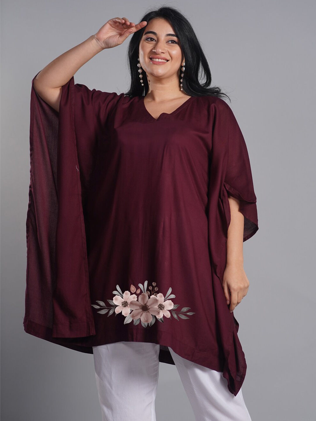 

LetsDressUp Floral Printed V-Neck Kaftan Kurti, Burgundy