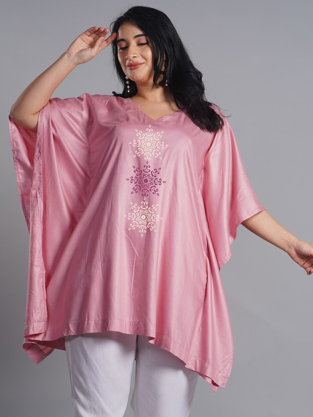 

LetsDressUp Floral Printed V-Neck Kaftan Straight Kurti, Rose