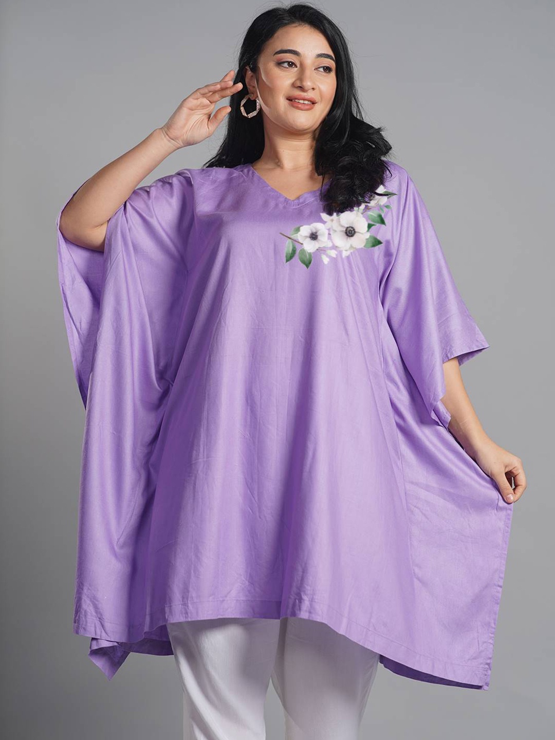 

LetsDressUp V-Neck Flared Sleeves Kaftan Kurti, Lavender