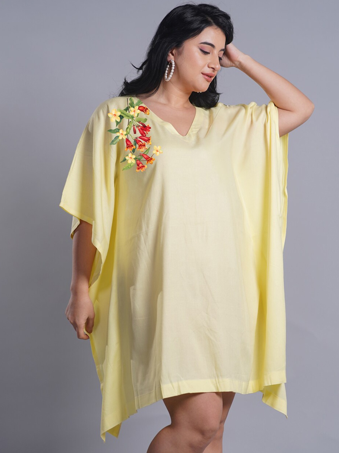 

LetsDressUp Floral Printed Curved Kimono Sleeves Kaftan Dress, Lime green