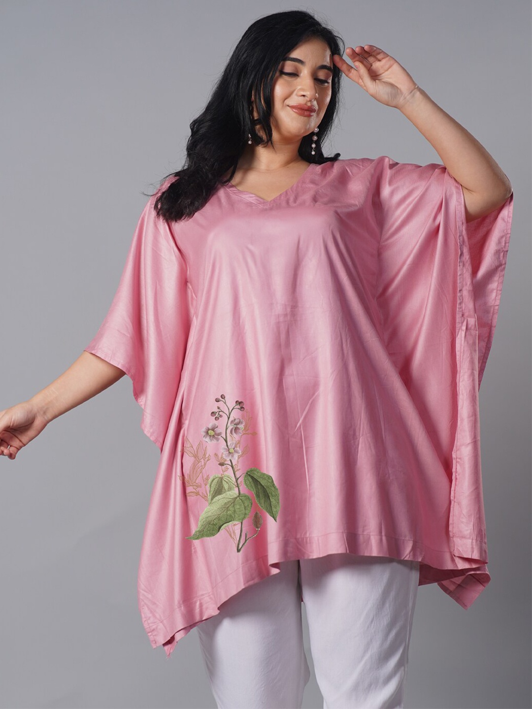 

LetsDressUp Plus Size Floral Printed V-Neck Kaftan Kurti, Rose