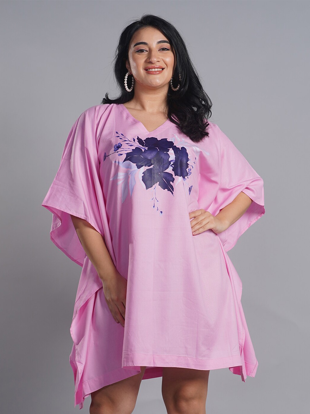 

LetsDressUp Floral Printed Curved Kimono Sleeves Kaftan Dress, Pink