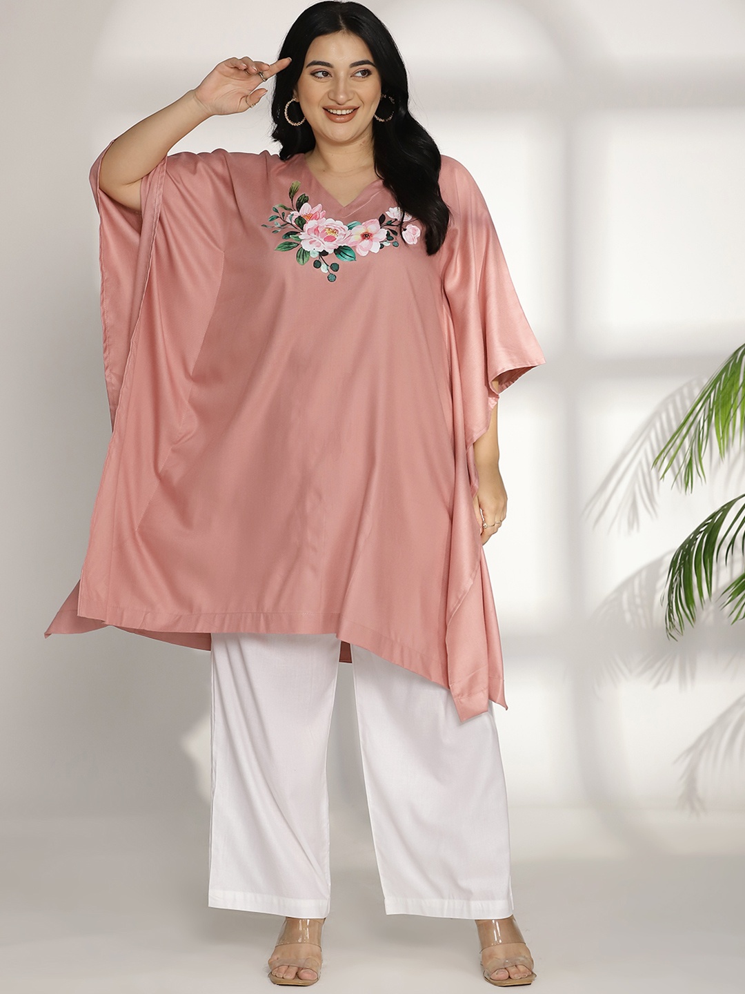 

LetsDressUp Floral Printed V-Neck Kaftan Kurti, Pink