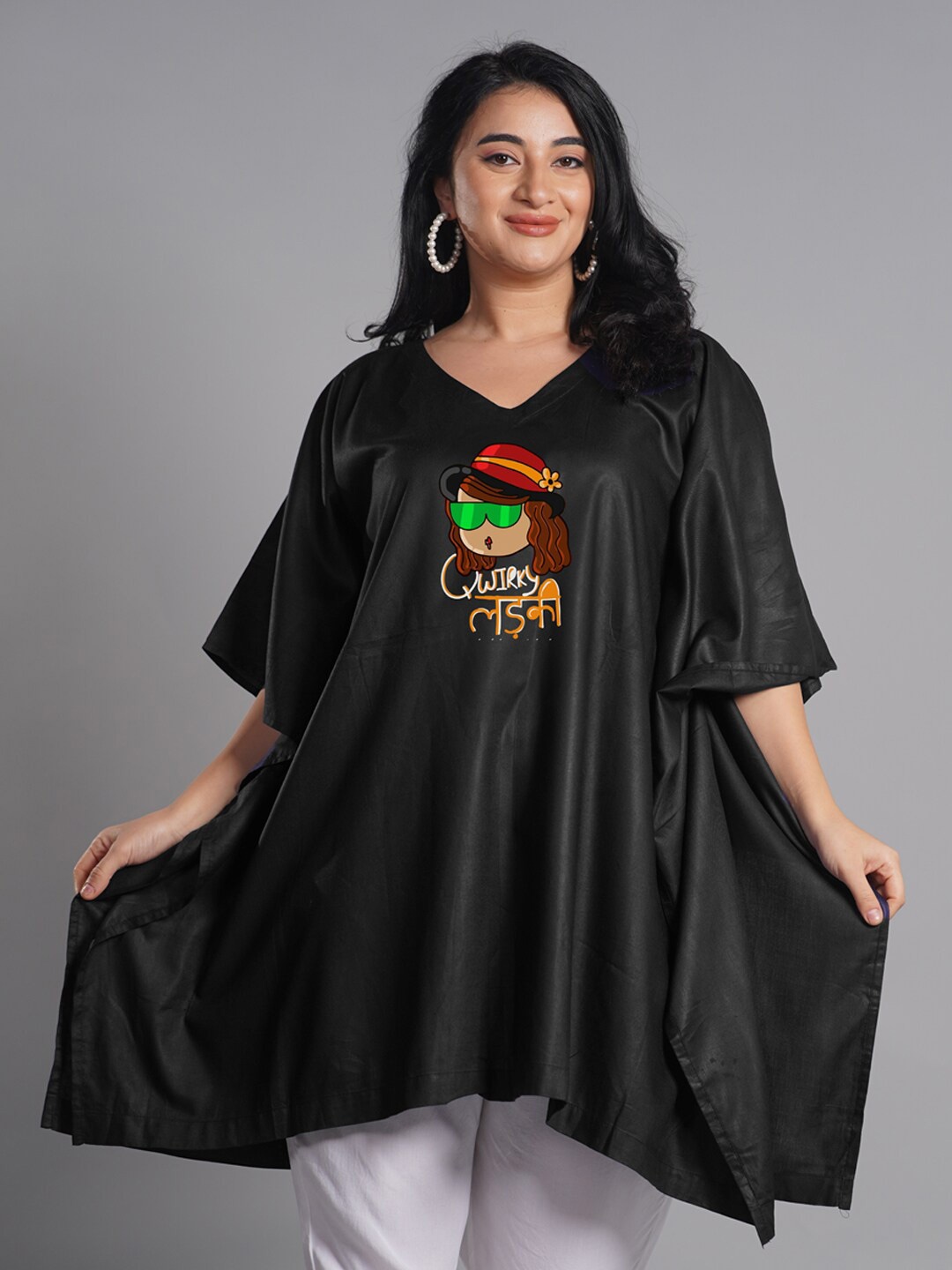 

LetsDressUp Plus Size V-Neck Graphic Printed Kaftan Dress, Black