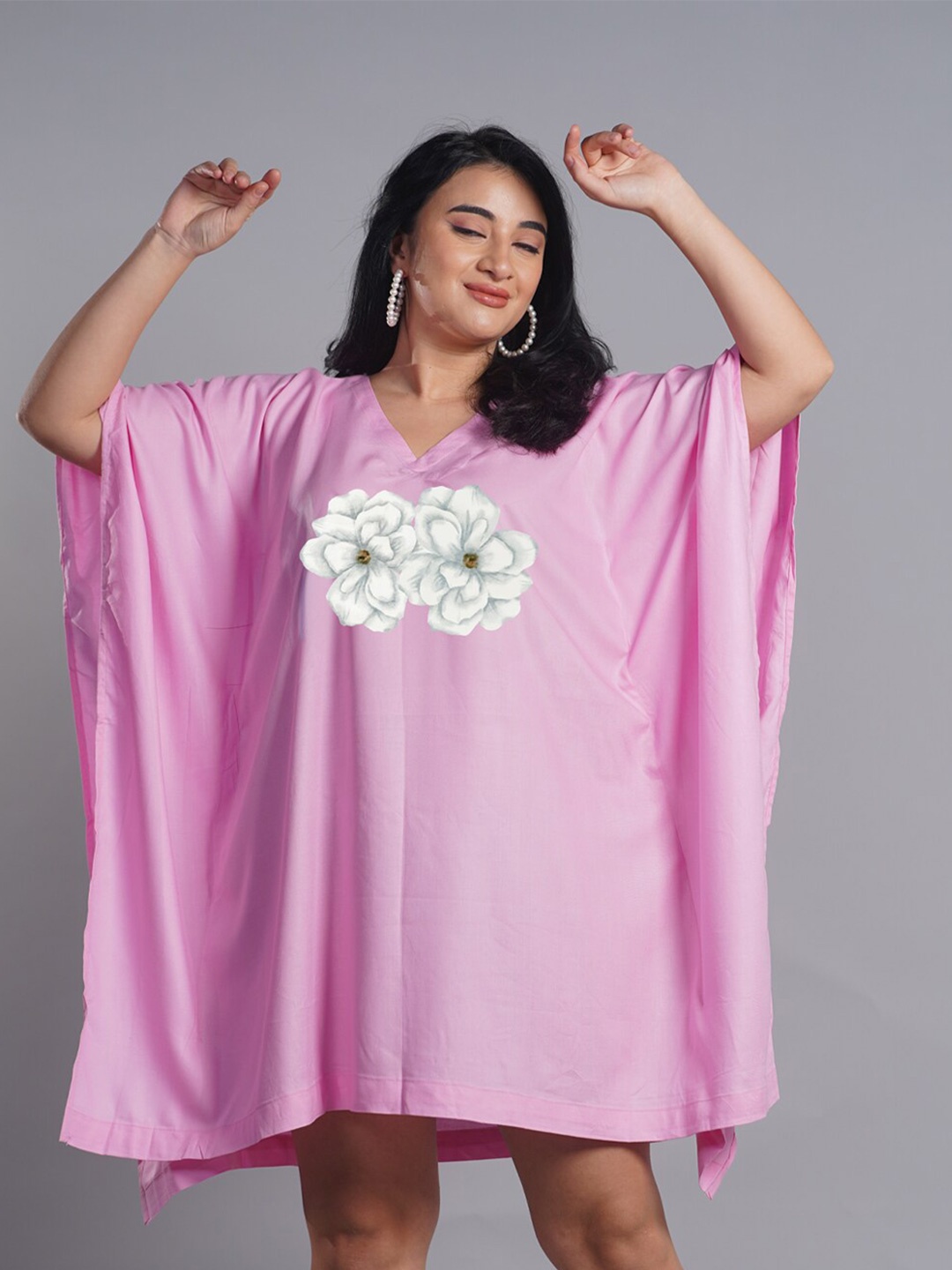 

LetsDressUp Plus Size V-Neck Floral Printed Kaftan Dress, Pink