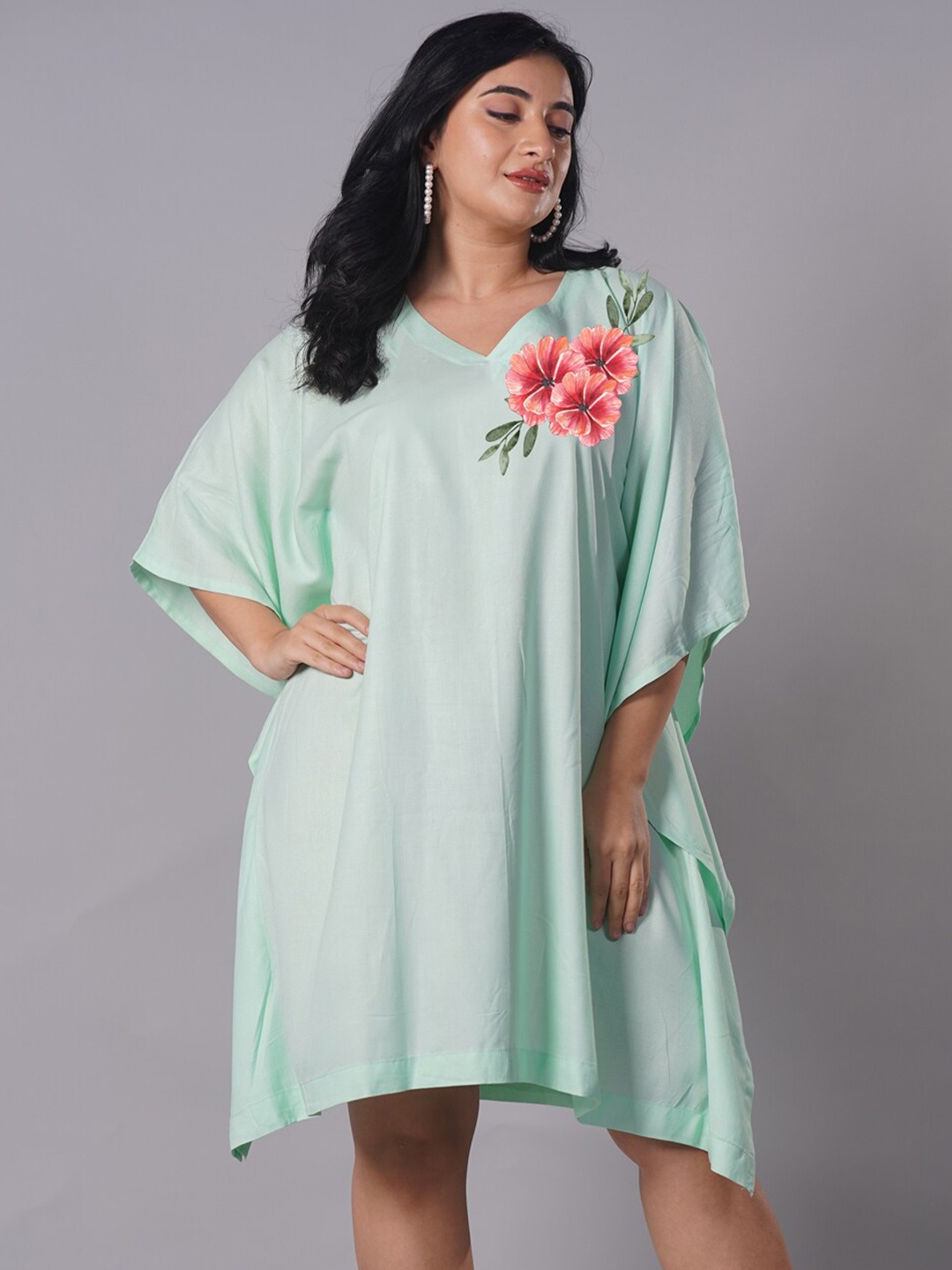 

LetsDressUpFloral Printed Curved Kimono Sleeves Kaftan Dress, Lime green