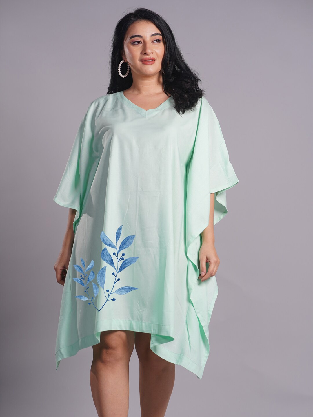 

LetsDressUp Floral Printed Curved Kimono Sleeves Kaftan Dress, Lime green