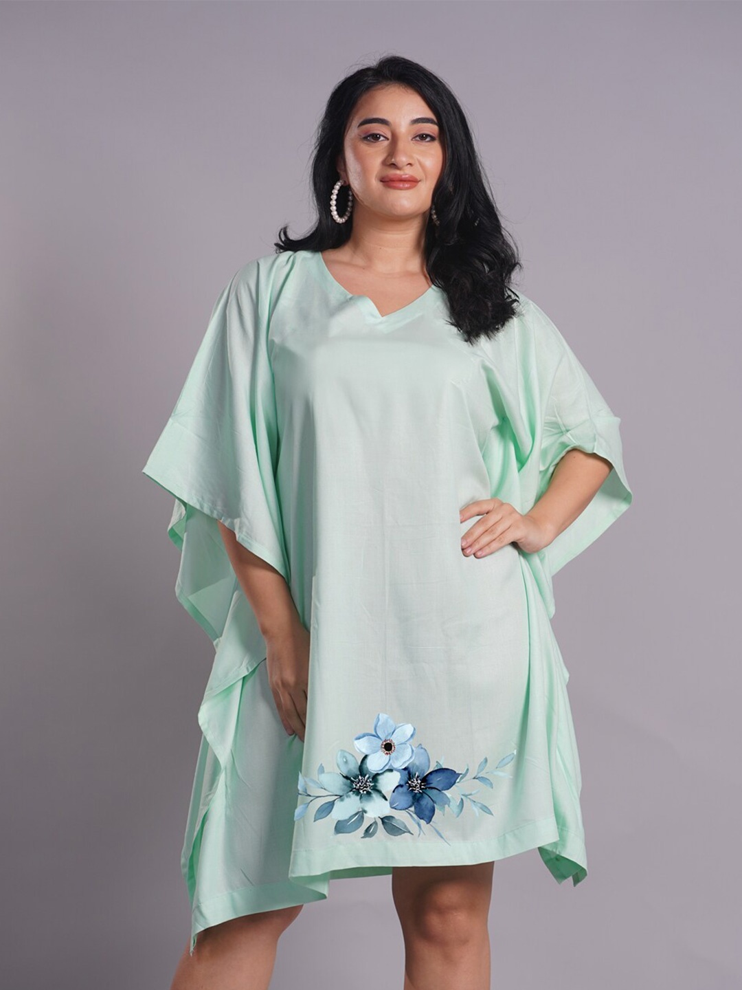 

LetsDressUp Floral Printed Curved Kimono Sleeves Kaftan Dress, Lime green