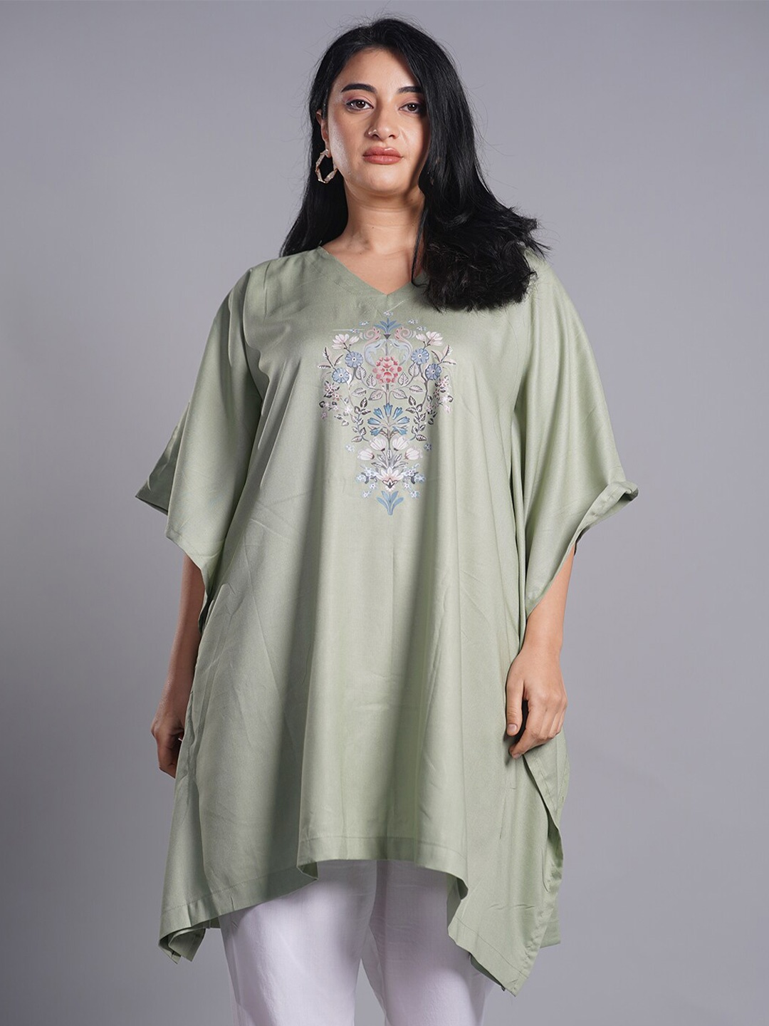 

LetsDressUp Plus Size Floral Printed V-Neck Kaftan Kurti, Olive
