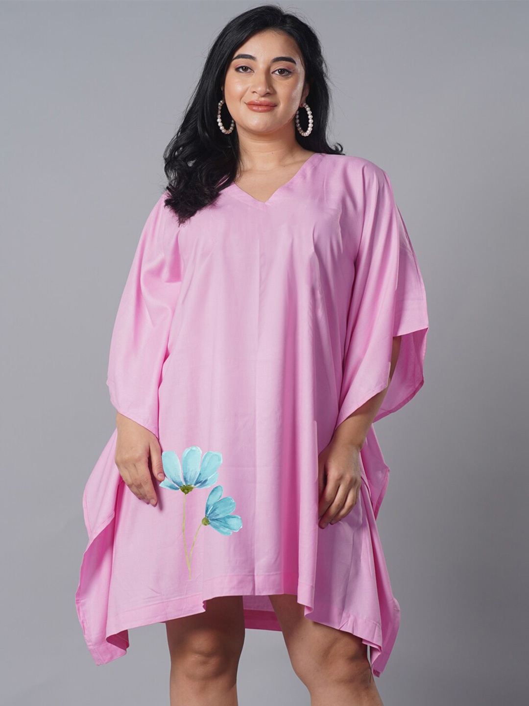 

LetsDressUp Floral Printed Curved Kimono Sleeves Kaftan Dress, Pink