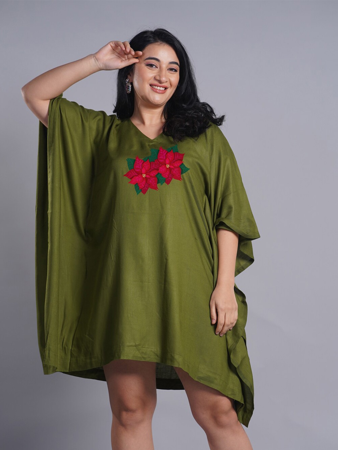 

LetsDressUp Floral Printed Curved Kimono Sleeves Kaftan Dress, Green