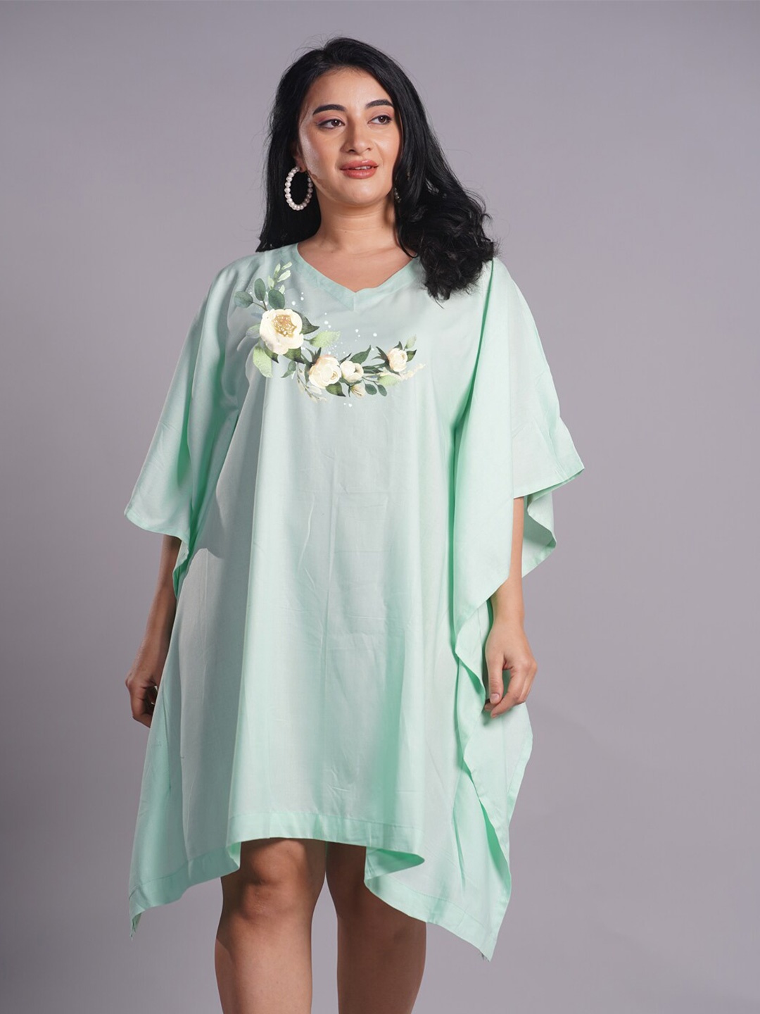 

LetsDressUp Plus Size Floral Printed Kaftan Casual Dress, Lime green