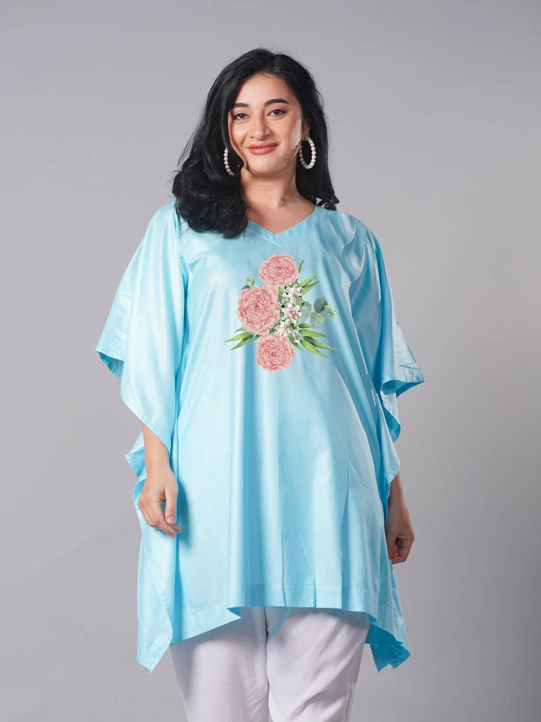 

LetsDressUp Floral Printed V-Neck Kaftan Kurti, Blue