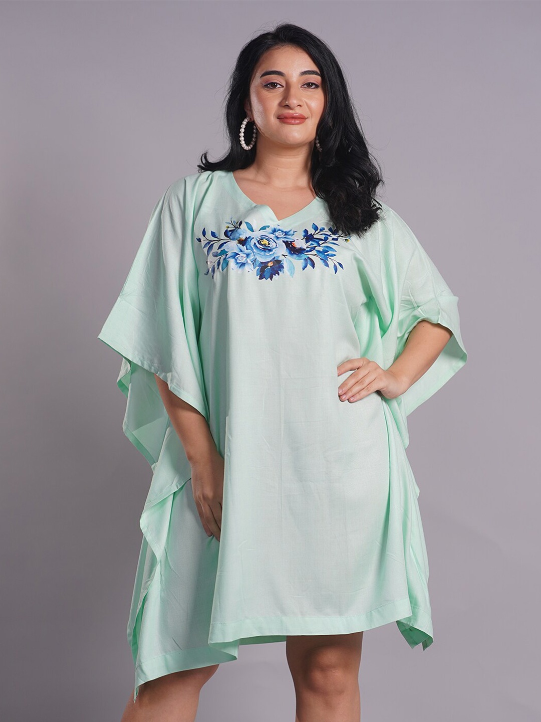

LetsDressUp Floral Printed Curved Kimono Sleeves Kaftan Dress, Lime green