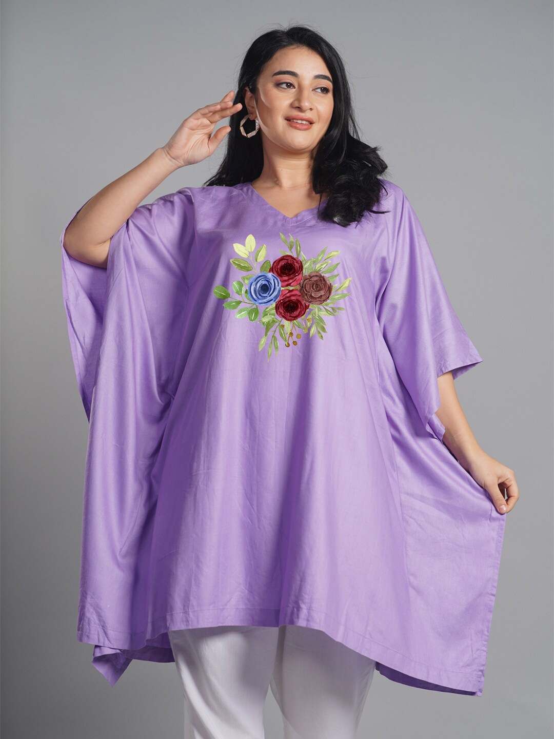 

LetsDressUp Floral Printed V-Neck Kaftan Straight Kurti, Lavender