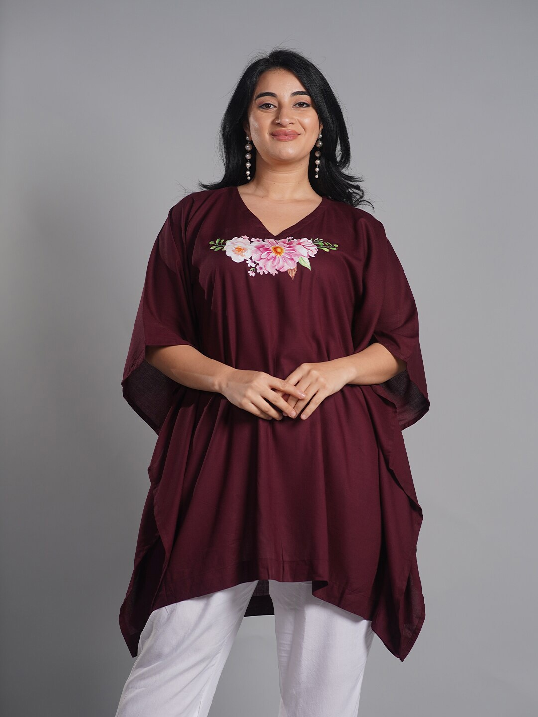 

LetsDressUp Floral Printed Flared Sleeves Tunic, Burgundy